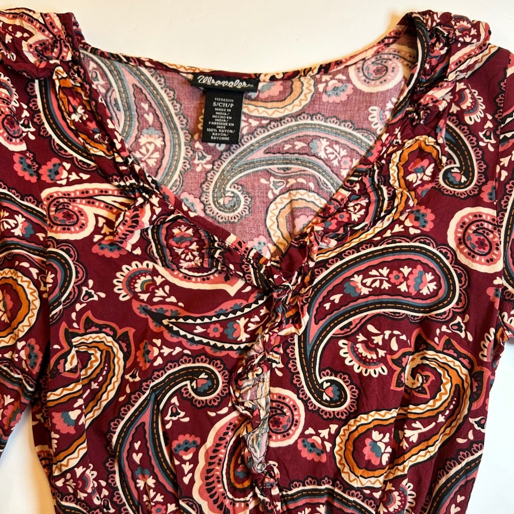 Wrangler Retro Paisley Print Ruffle‎ V Neck Long Sleeve Dress Boho Western Small